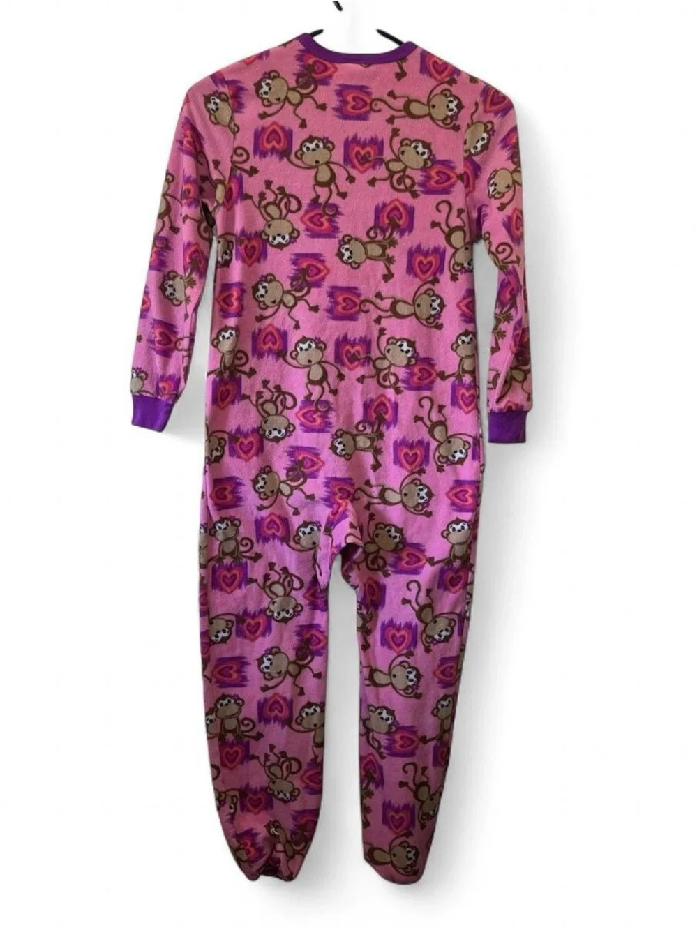 Girls Medium One Piece Fleece Sleeper Playful Monkey Hearts Graphic Footless GUC